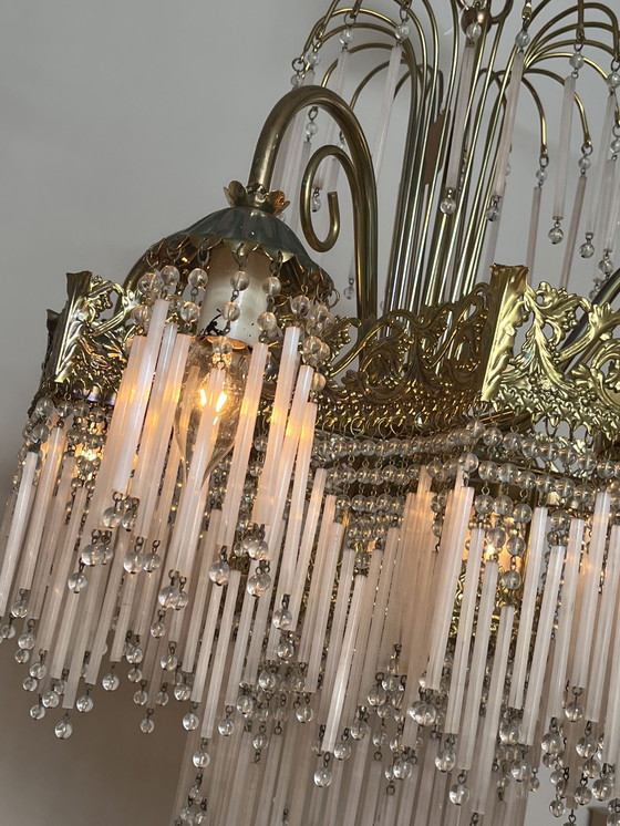 Image 1 of Vintage xl pink opaline rod chandelier pendant lamp art deco style
