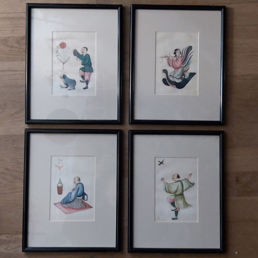 Siglo XIX, conjunto de 4 pinturas chinas