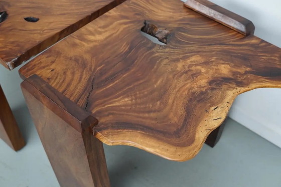 Image 1 of Ensemble de deux tables basses vintage en noyer naturel, vers 1970/1980