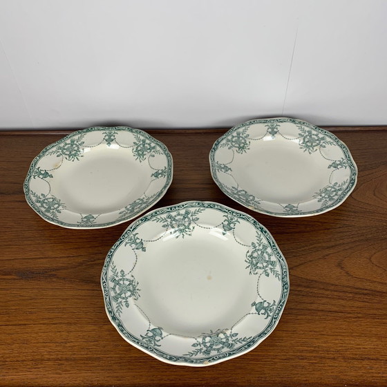 Image 1 of Set aus 3 Tellern + 3 tiefen Tellern, Modell "Compiègne" der Fabrik Longwy, Farbe dunkelgrün