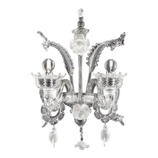 Aplique de pared veneciano de cristal de Murano blanco y transparente con diseño floral