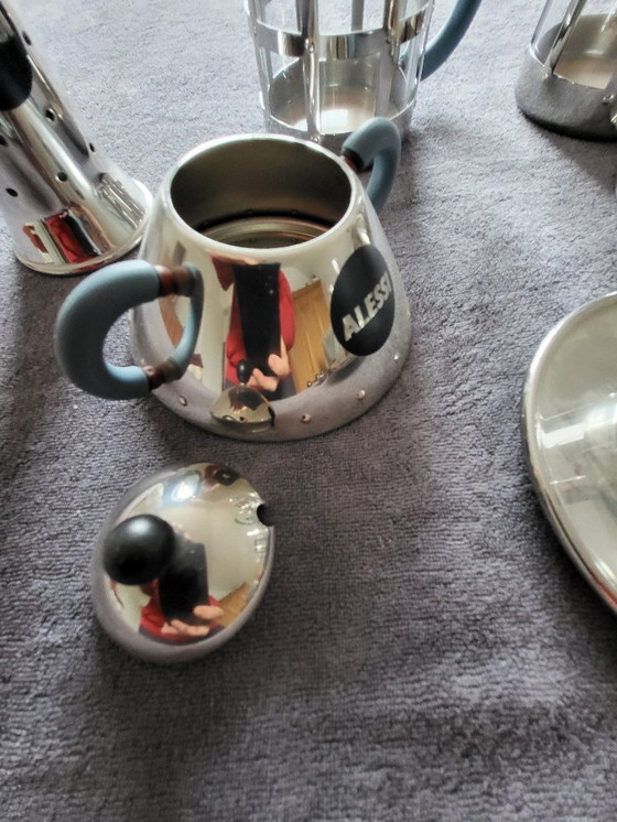 Image 1 of Alessi kettle, tea glasses, espresso glasses, milk, sugar, spoon, salt