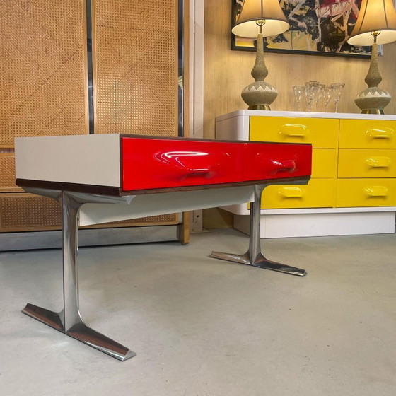 Image 1 of Console stereo TV con cassetto in plastica rossa cromata Raymond Loewy DF-2000