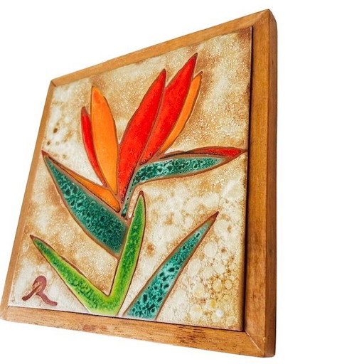 Vintage Vallauris Fliesenuntersetzer aus der Mitte des 20. Jahrhunderts, Strelitzia Raymonde Leduc Wanddekoration, 1960er Jahre