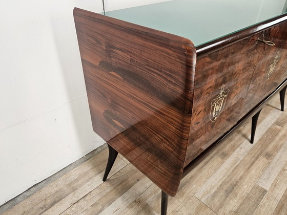 Image 1 of Mid-Century Mahogany Sideboard with Teal Glass and Compartments with Drawers, 1950
