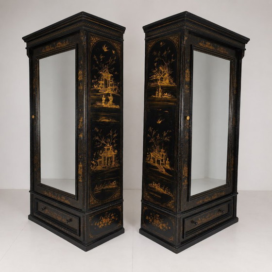 Image 1 of A pair of 19th-century Chinoiserie-style linen cupboards/wardrobes.