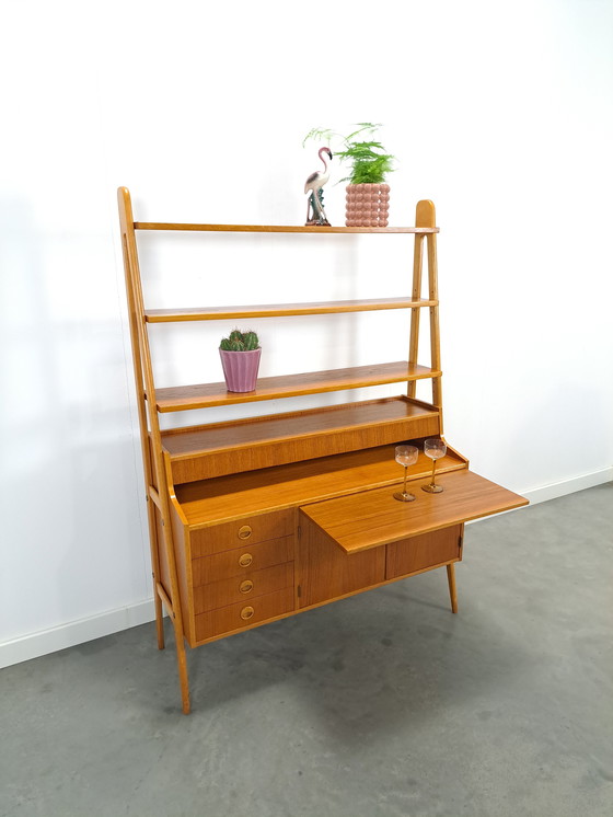 Image 1 of Teak Veneer Cabinet From Sweden With Drawers, Shelf And Extendable Shelf