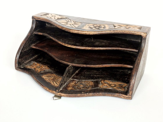 Image 1 of Vintage Hand Carved Walnut Desk Organizer Letter Holder with Botanical and Sun Motifs