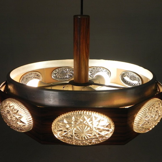 Image 1 of Vintage Lakro hanglamp met 9 ovalen glasplaatjes en 1 ronde glasplaat, jaren 70