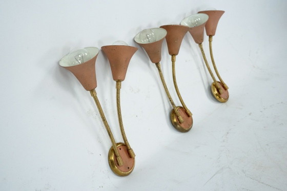 Mid-Century, Set of three sconces in Arredoluce manner. Italy 1950s, Wall lights, Brass, Orange (photo 8 of 11)