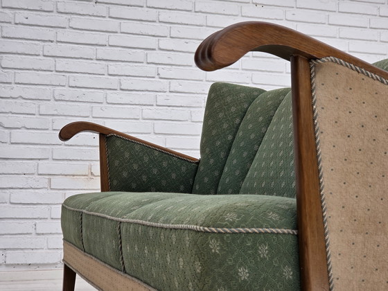 Image 1 of Años 50, sofá danés de 3 plazas, tejido de lana de mobiliario verde/beige, madera de roble.