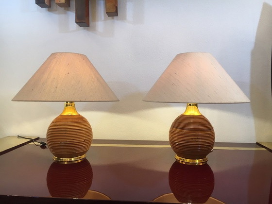 Image 1 of 2x Brass & Rattan Table Lamps in the manner of Vivai del sud 1970s