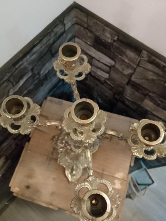 Image 1 of Baroque style candelabra in solid brass with cherub and putti design, 5 lights, Louis XV style