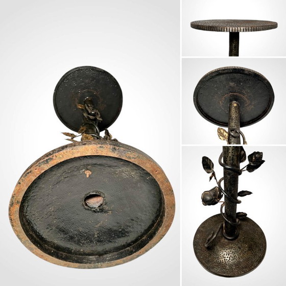 Image 1 of French Gueridon Wrought Iron Side Table - Vintage Embossed Metal Top Floral Plant Stand