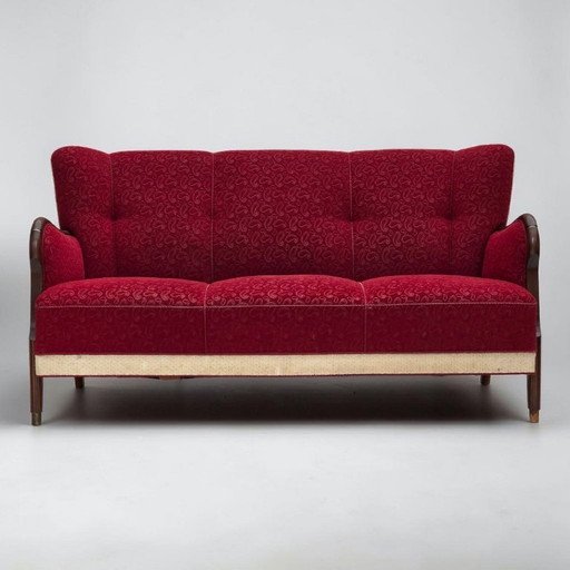 Divano danese a 3 posti degli anni '50, rivestimento originale in lana per mobili rosso/beige.