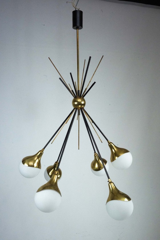 Image 1 of Mid-Century Italian 6-Arm Stilnovo Brass and opaline Glass Chandelier, 1950s