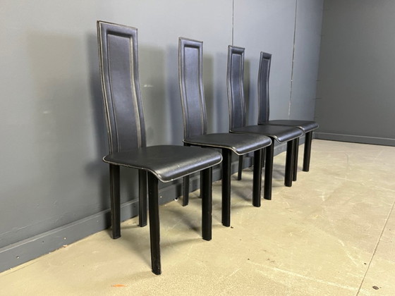 Image 1 of Chaises de salle à manger vintage en cuir noir, lot de 4, années 1980