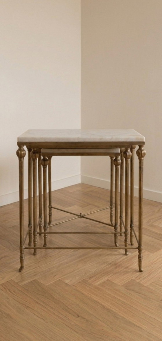 Image 1 of Set vintage italiano in stile Hollywood Regency, composto da onice e ottone.