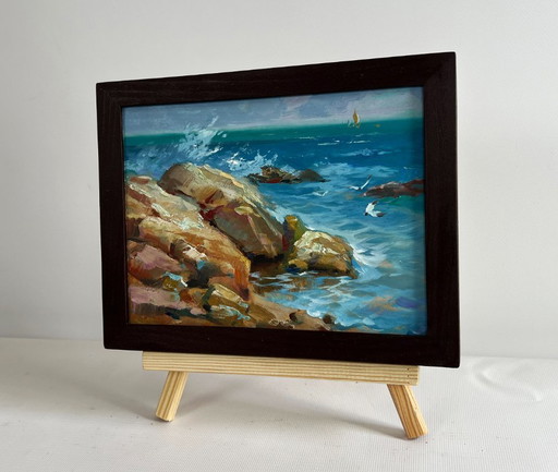 Original Oil Painting Sea Rock Landscape Sailboats on the sea horizon