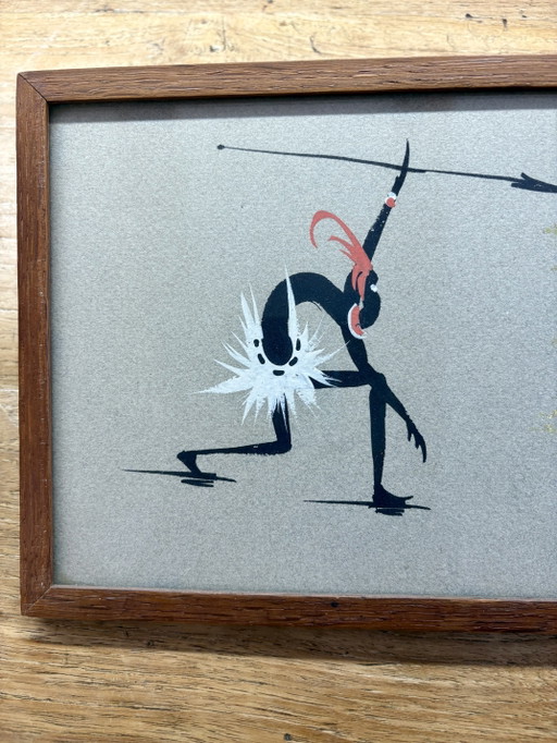 Mid-Century Modern Langwerpig Schilderij Gestileerde Figuren (Jaren '50/'60) – schilderijen tekeningen, Wood (photo 2 of 10)