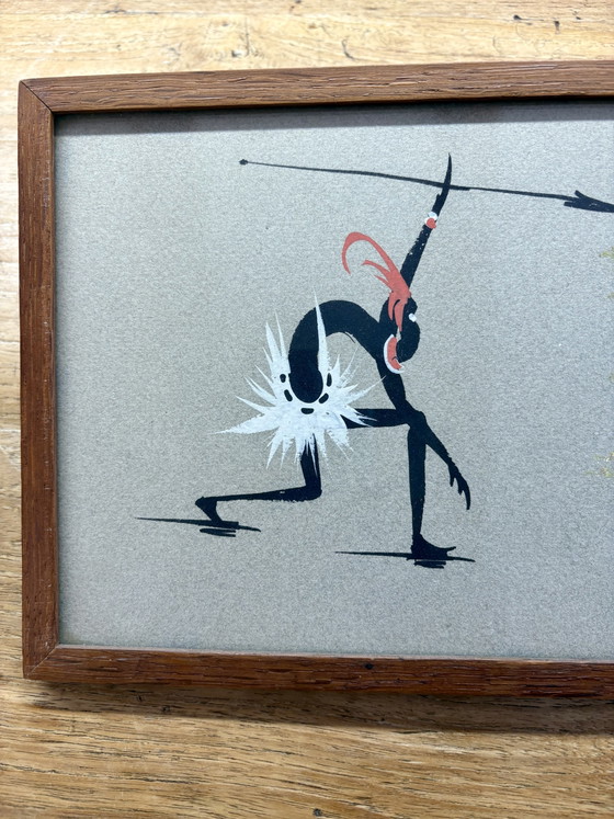 Mid-Century Modern Langwerpig Schilderij Gestileerde Figuren (Jaren '50/'60) – Schilderijen & Tekeningen (photo 2 of 10)