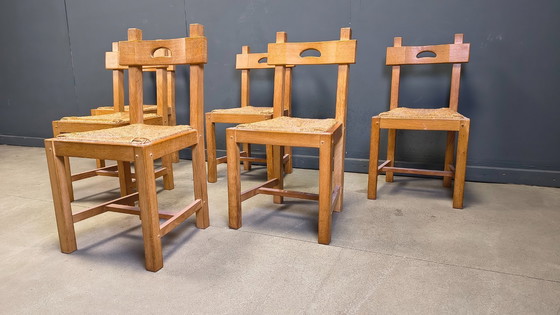 Image 1 of Vintage oak and wicker brutalist chairs, 1960s - set of 6