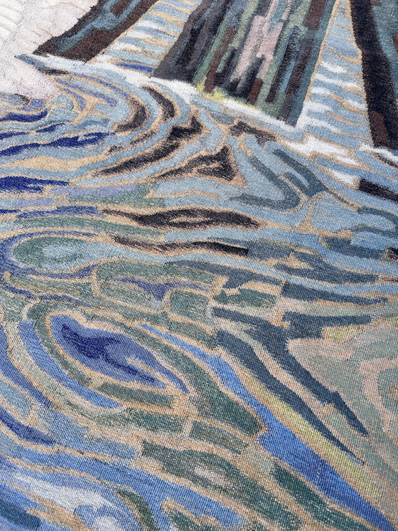 Image 1 of Monumental Art Deco Tapestry - Seagulls at Dukdalf - ca. 1930 - Handcrafted with Monogram.