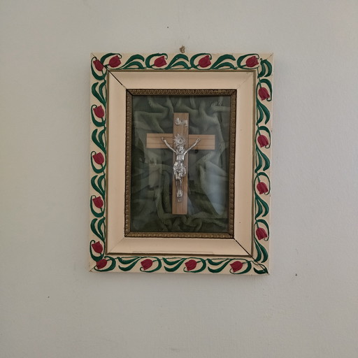 Antique Crucifix Frame Under Convex Glass