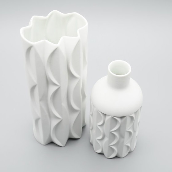 Image 1 of Retro Scherzer Werner Uhl Design Bisque Porcelain Bottle Vase Op-Art Relief DUO
