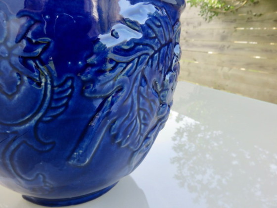 Image 1 of Wall-mounted flower pot with grape motif in glazed blue ceramic, 1970s
