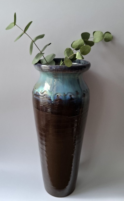 Vintage large ceramic vase / floor vase 38 cm – brown/turquoise flowing glaze