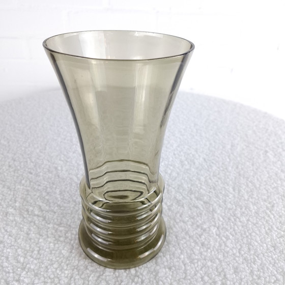 Image 1 of Vintage Copier Art deco vaas jaren 30 rookglas ribbelvaas