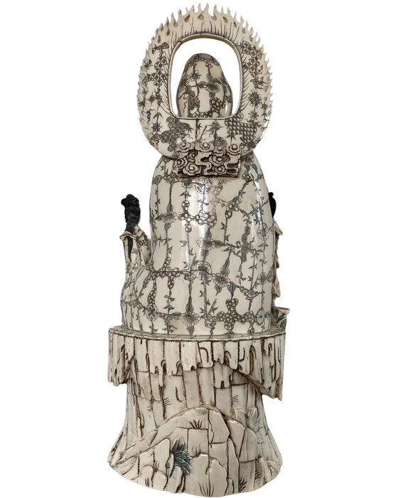 Guanyin china antigua con Shancai y Longnü – Finales de Qing – Hueso tallado – 60 cm – Esculturas (photo 5 of 11)