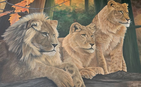 Image 1 of Large handmade acrylic painting of lions "Lion's Harmony"