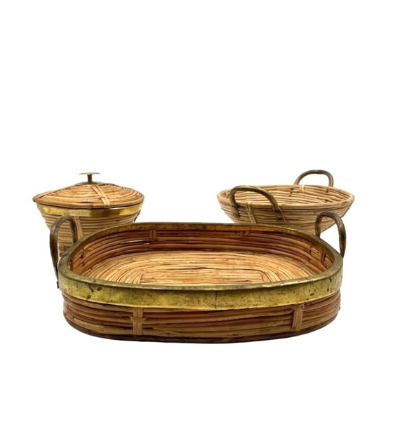 Mid-century set of 3 brass and wicker bowls, Italy ca. 1970, Decorative Objects, Rattan, Brown, Vintage (photo 9 of 10)