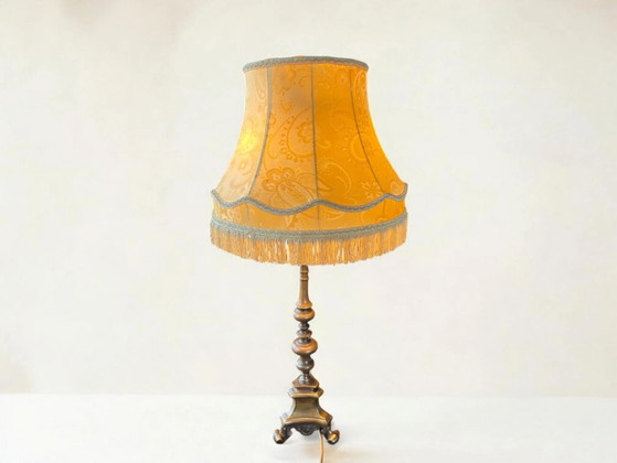 Lampe vintage Mid Century, abat-jour à franges en brocart doré, années 60/70 – Wood, Hollywood Regency (photo 2 of 7)