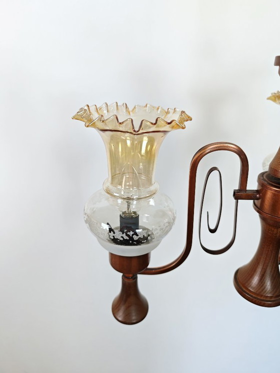 Image 1 of Vintage Amber Glass Chandelier / 1970s Yugoslavia Pendant Light / Mid Century Modern Ceiling Lamp / Wood & Copper Lighting 
