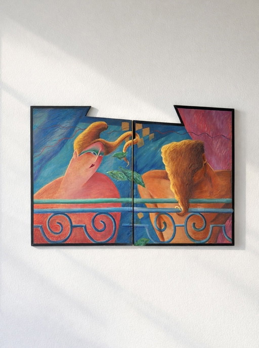 Vintage Postmodern Artwork Diptych Painting