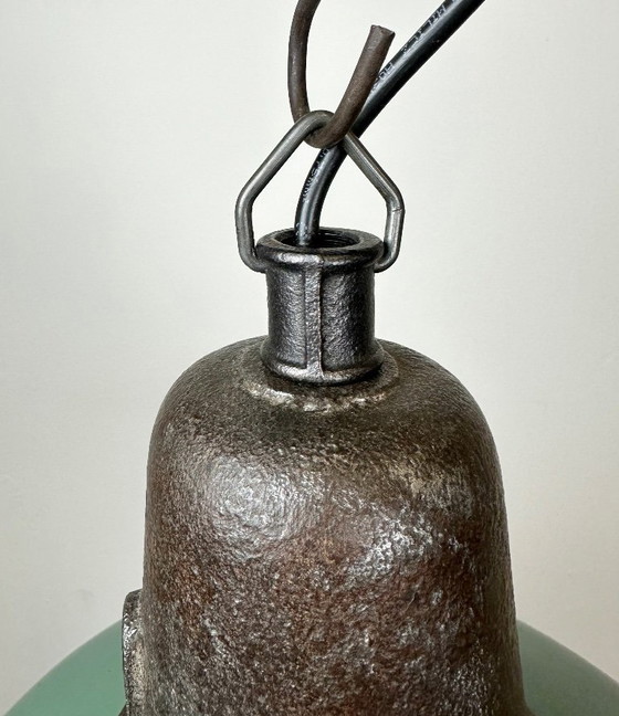Image 1 of Industrial Green Enamel Factory Lamp with Cast Iron Top, 1960s