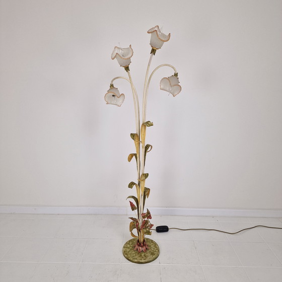Image 1 of Italian Floor Lamp with Metal Stems, Leaf Details and Murano Glass Flower Shades