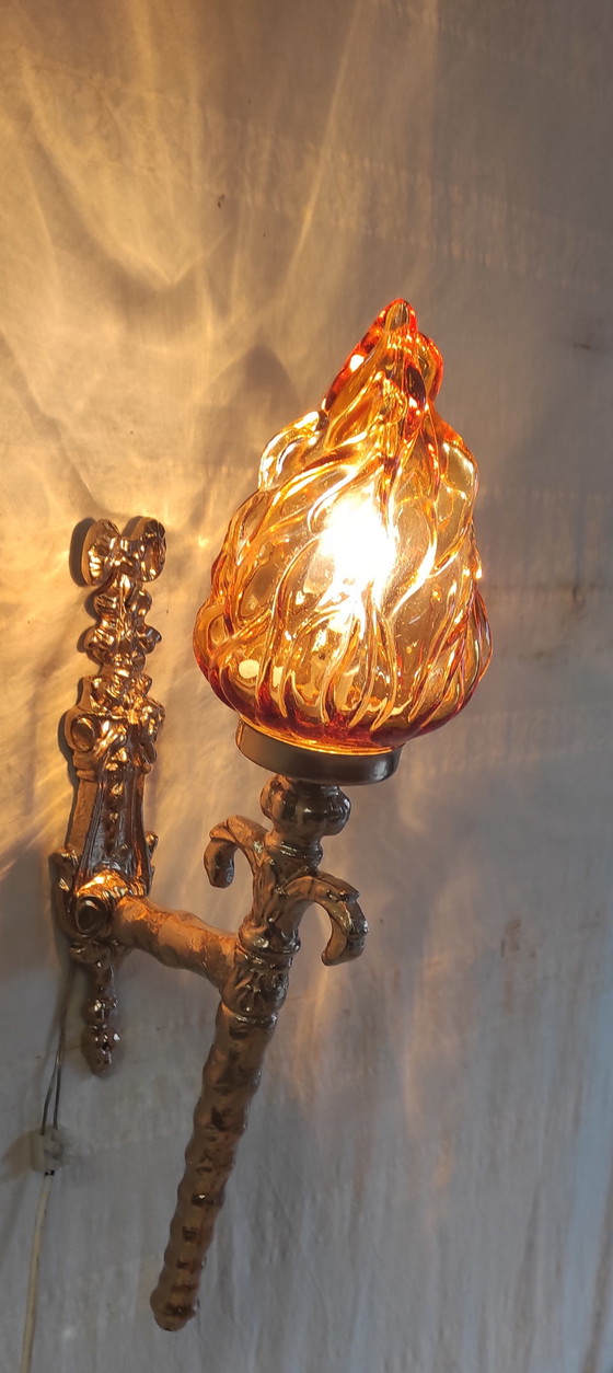 Image 1 of Torch-style wall sconces in gilded cast aluminum and glass - mid-20th century
