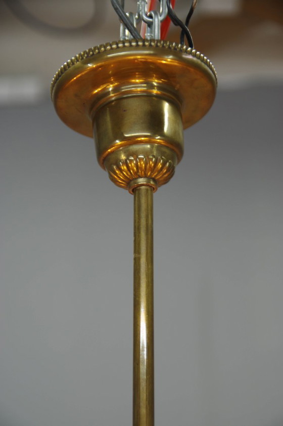 Image 1 of Lámpara de araña Art Nouveau de seis luces de latón, de Jenčík, Checoslovaquia, década de 1920, con etiqueta.