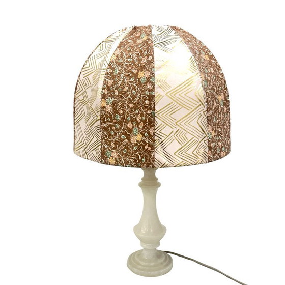 Image 1 of Lampe de table italienne vintage en albâtre/onyx, abat-jour cousu à la main, années 1960.