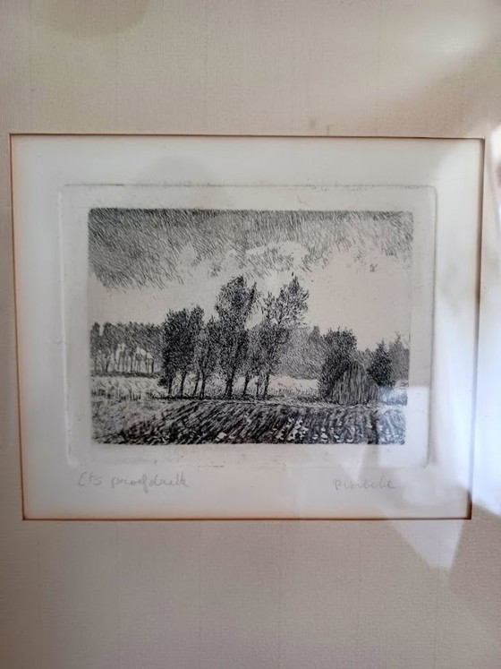 Image 1 of  P. Verbeke duo‑ets Vlaams landschap – authentieke academische grafiek – minimalistische kunst – jaren ’60–’80