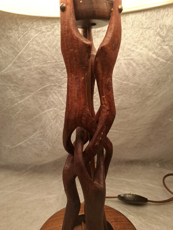 Image 1 of Mid-century hand-carved Scandinavian teak table lamp