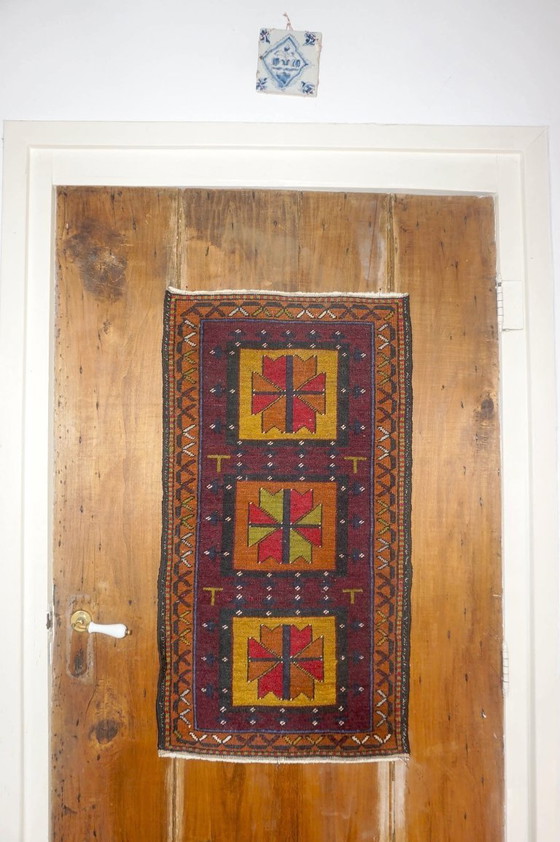 Image 1 of vintage tribal wool rug * afghan baluchi style carpet * geometric nomadic rug * small accent rug boho decor