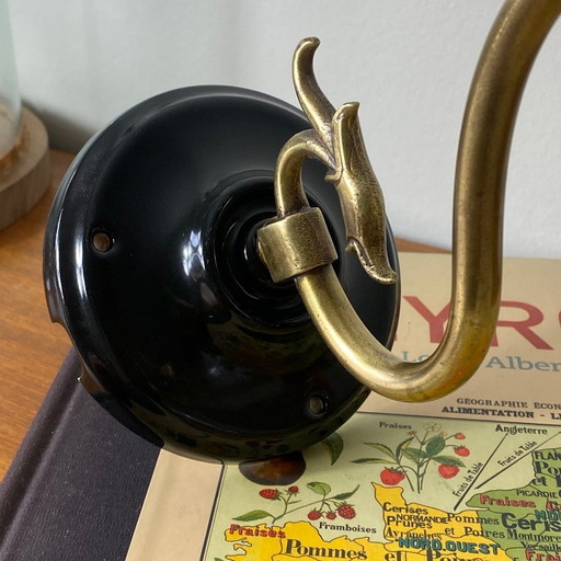 Lámpara de pared de cuello de cisne de latón con pantalla de tulipa de cristal acanalado transparente