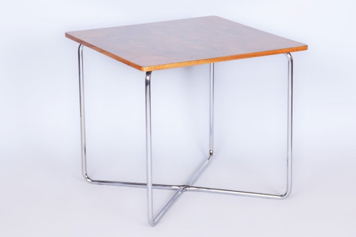 Restored Bauhaus Table, by Robert Slezák, Caucasian Walnut, Chrome, Czech, 1930s – bijzettafels, Metal, Wood