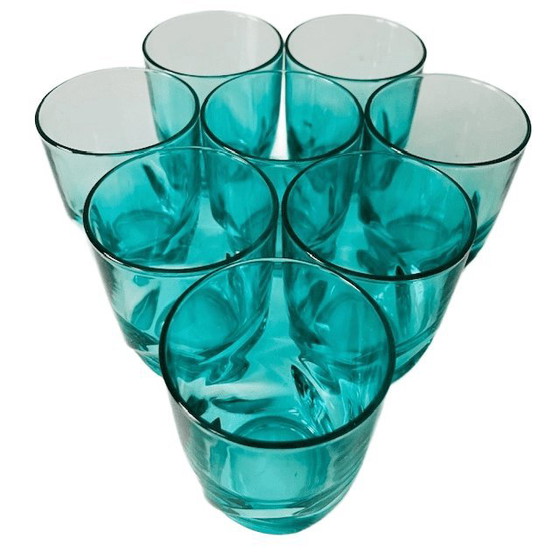 Image 1 of Vintage set of 8 twisted glasses turquoise blue Luminarc Arcoroc 1970s