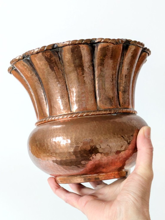 Image 1 of Midcentury Italian Planter | Hand-Hammered Copper with Scalloped Rim and Cord Detail